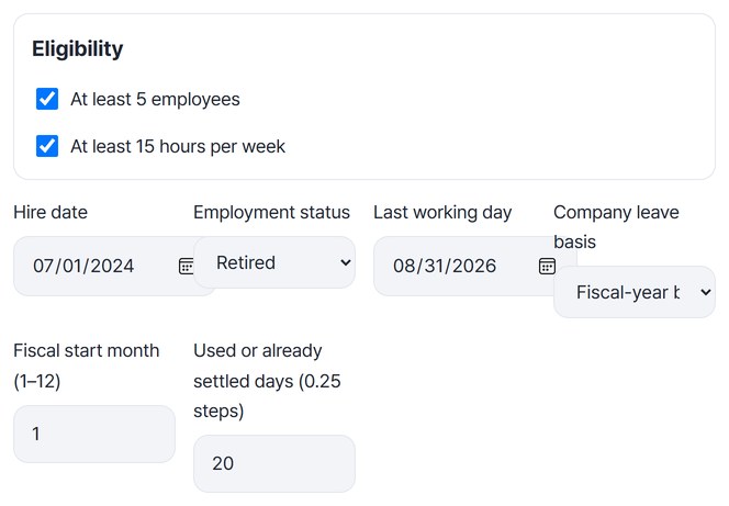 Hire date 2024-07-01, status Retired, last working day 2026-08-31, fiscal-year basis, start month 1, 20 days used