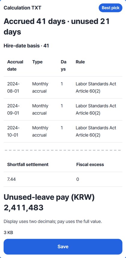 Result card with the 41 accrued · 21 unused summary, the start of the hire-date table, shortfall 7.44, unused-leave pay 2,411,483 and the Save button (middle tables shortened)