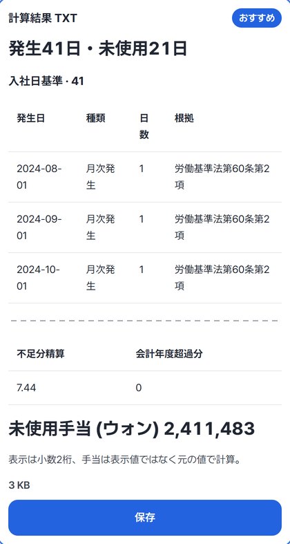 発生41日・未使用21日の要約と入社日基準の表の冒頭、不足分精算7.44、未使用手当2,411,483ウォン、保存ボタンが見える結果カード(中ほどの表は省略)