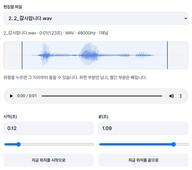 2_감사합니다.wav 파형에서 시작 0.12초 · 끝 1.09초를 고른 화면