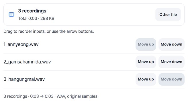3 recordings · total 0:03 · 298 KB and the file order list