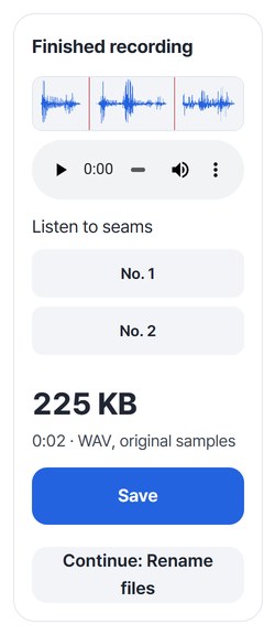Finished waveform with seam buttons No. 1 and No. 2, 225 KB and the Save button