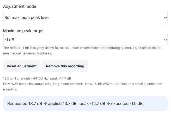 Adjustment mode, peak target and the “Requested 13.7 dB → applied 13.7 dB” note
