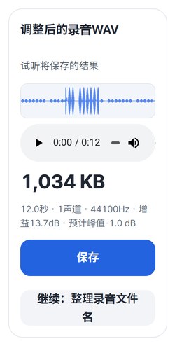 调整后的录音WAV结果卡片和保存按钮