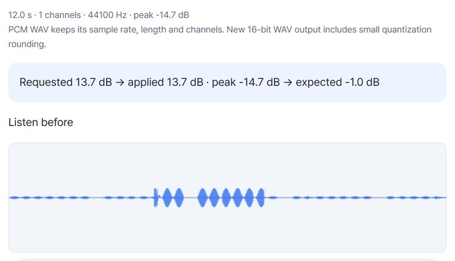 12.0 s, 1 channel, peak -14.7 dB and the waveform before adjusting