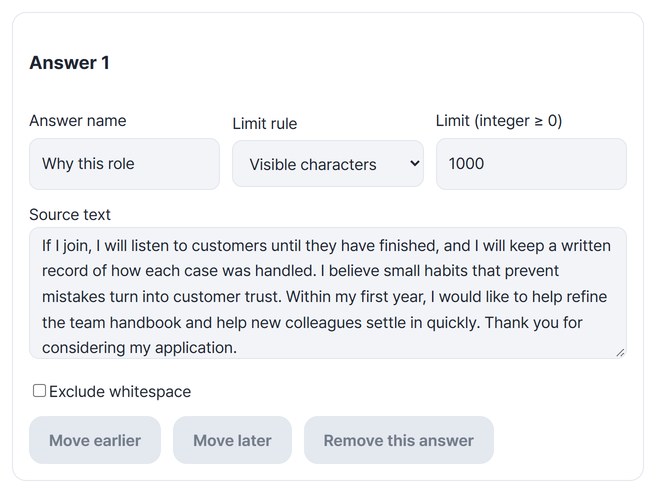Answer name, counting rule, limit and source text entered
