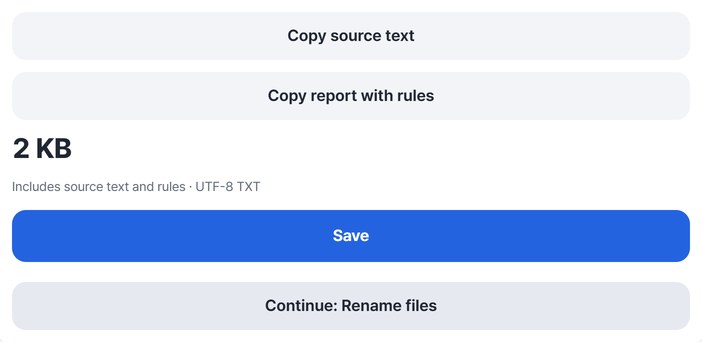 Copy source text, Copy report with rules, Save and Continue buttons