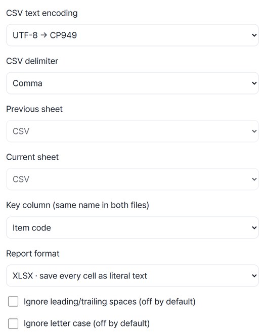 Settings with Item code as the key column and XLSX as the report format