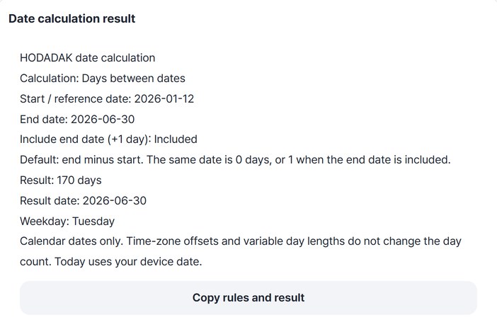 Preview showing the rules and a result of 170 days