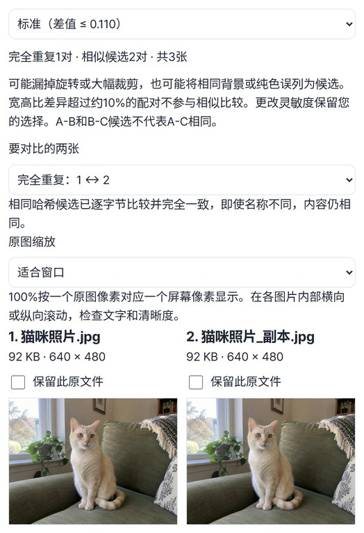 分成完全重复1对、相似候选2对的结果，以及并排对比两张相同猫咪照片的界面