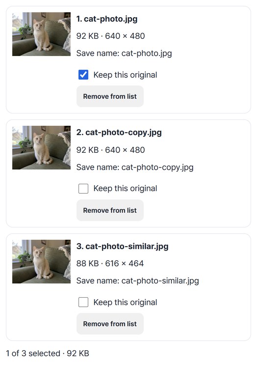 List of three photos with Keep this original ticked on the first one