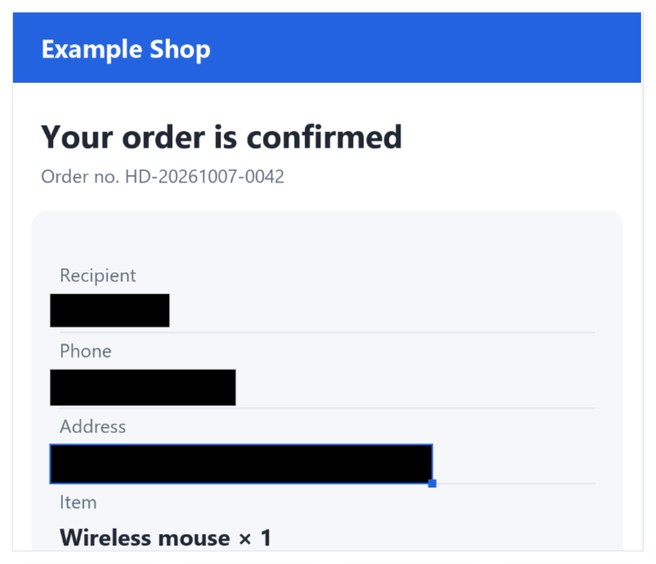 Image with black blocks over the recipient, phone and address
