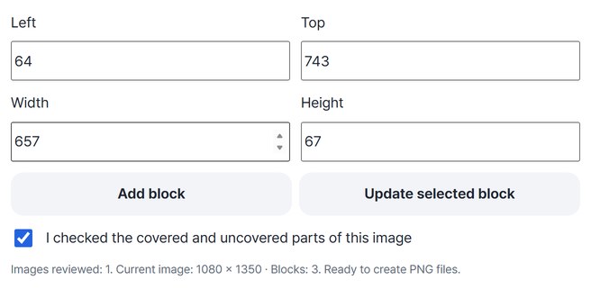 Left, top, width and height fields with the review checkbox