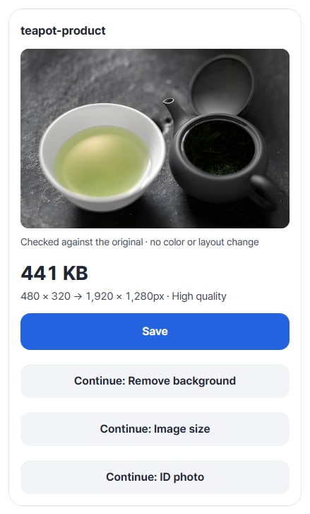 Result card: 441 KB, 480 × 320 → 1,920 × 1,280px · High quality, with Save and next-step buttons