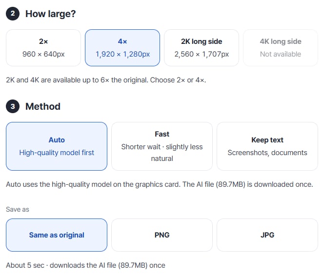 4× (1,920 × 1,280px) and Auto selected; 4K long side is not available