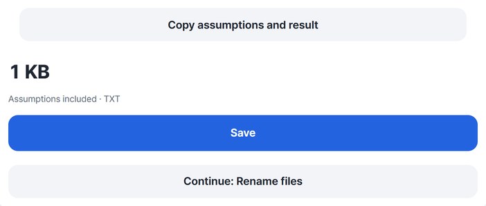 Copy assumptions and result, Save and Continue buttons