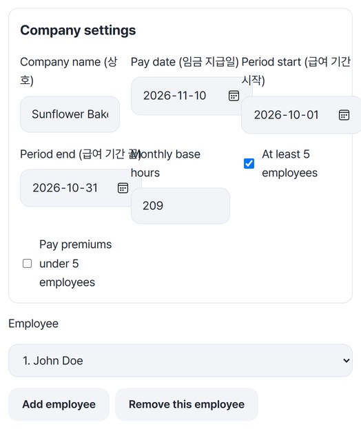 Company settings: Sunflower Bakery, pay date 2026-11-10, period 2026-10-01 to 2026-10-31, employee 1. John Doe selected
