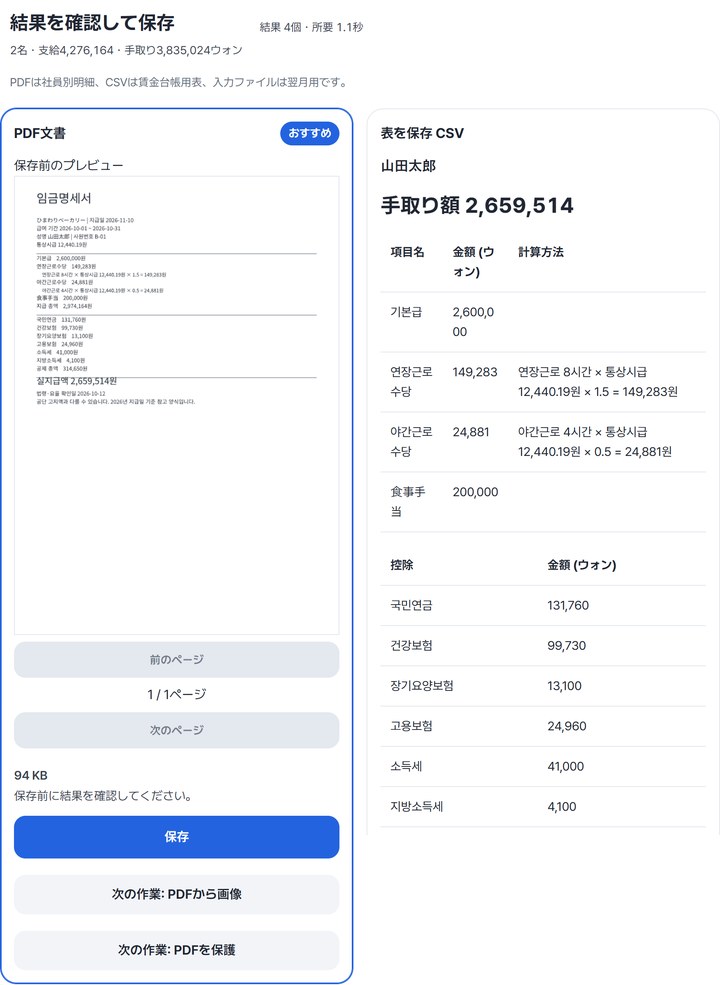 結果: 山田太郎のPDFプレビュー94 KBと、手取り額2,659,514と支給・控除の表が出たCSVカード