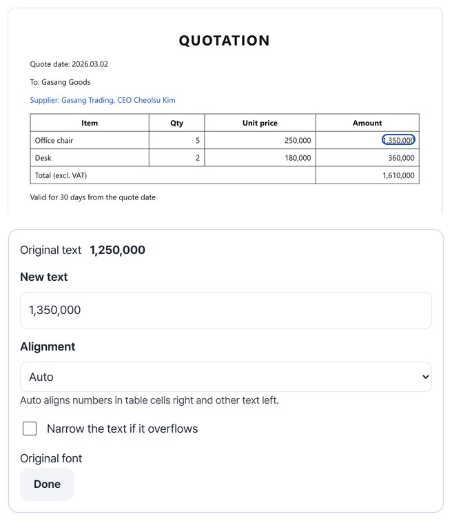 Edit box with the amount 1,250,000 clicked and 1,350,000 typed as new text, with the updated page preview