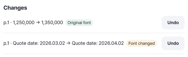 Changes list: page 1 · 1,250,000 → 1,350,000 Original font, quote date 2026.03.02 → 2026.04.02 Font changed