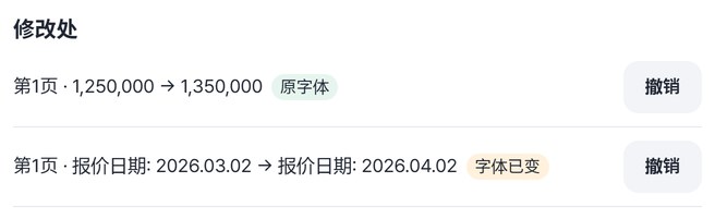 修改处列表：第1页 · 1,250,000 → 1,350,000 原字体，报价日期2026.03.02 → 2026.04.02 字体已变