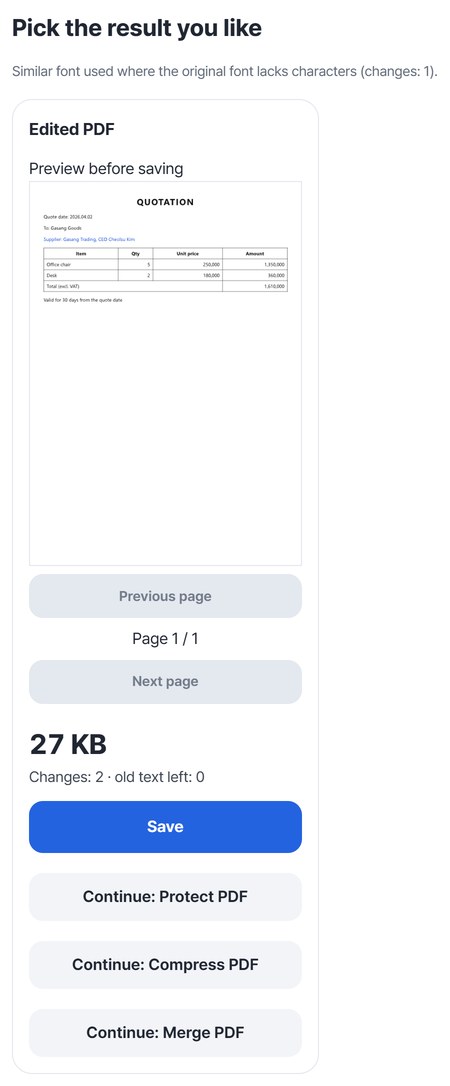 Edited PDF result card: preview before saving, 27 KB, Changes: 2 · old text left: 0, Save button