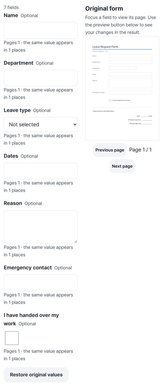 A list of 7 fields next to the blank leave request form