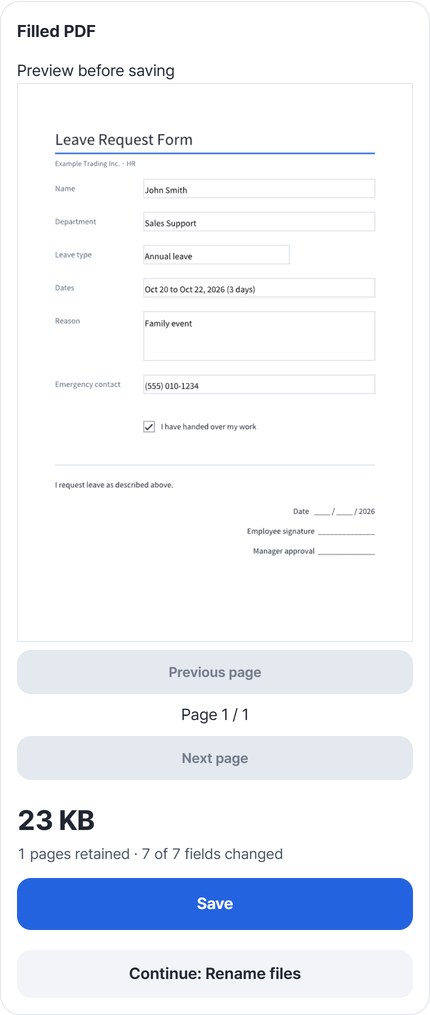 Preview of the filled leave request with “1 pages retained · 7 of 7 fields changed” and a Save button