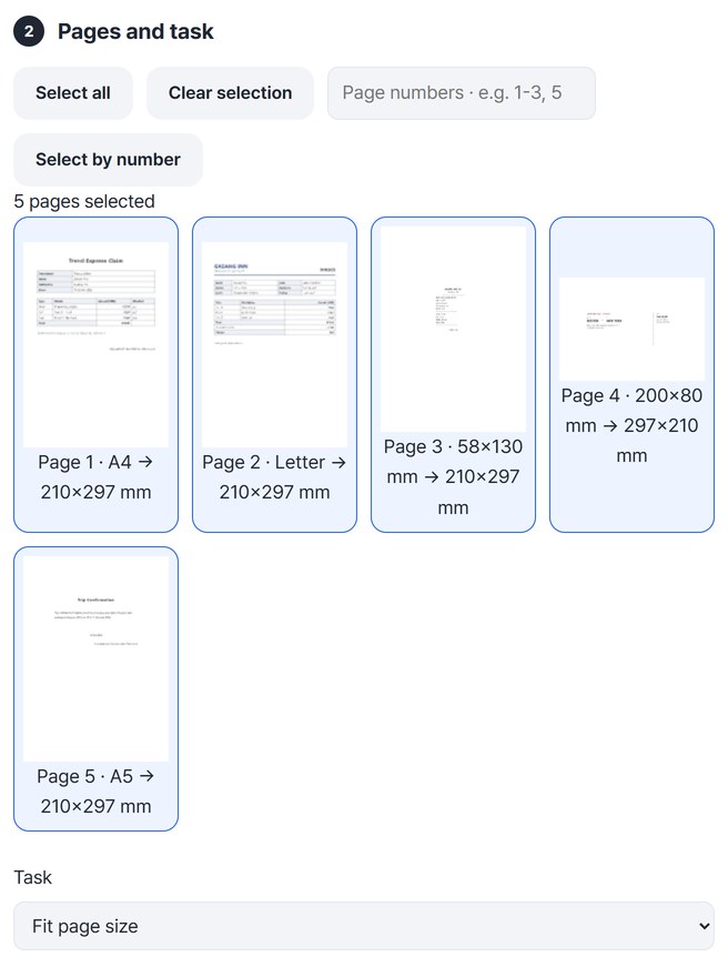 Page grid: page 1 A4, page 2 Letter, page 3 58×130 mm and page 5 A5 to 210×297 mm, page 4 200×80 mm to 297×210 mm