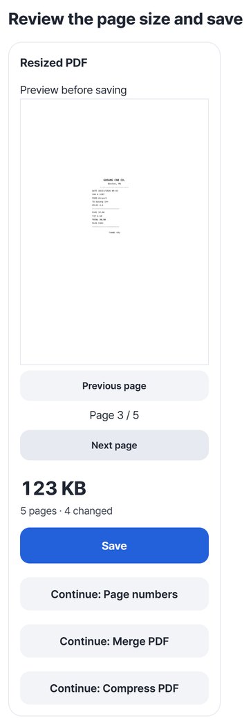 Result card: preview of page 3 with the taxi receipt in the middle of an A4 page, 123 KB, 5 pages · 4 changed, Save button