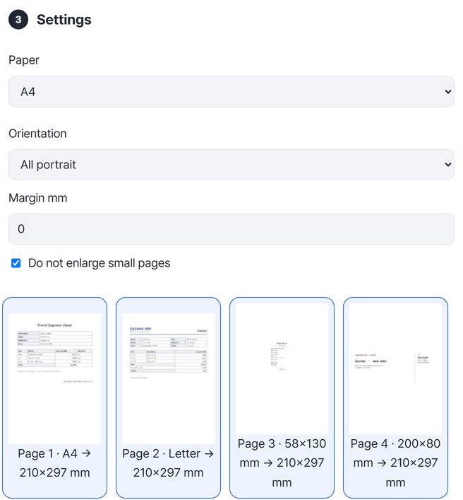 Settings: Paper A4, Orientation All portrait, Margin 0, Do not enlarge small pages. In the grid below, page 4 now shows 200×80 mm → 210×297 mm