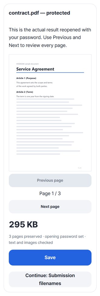 Protected result preview and Save button