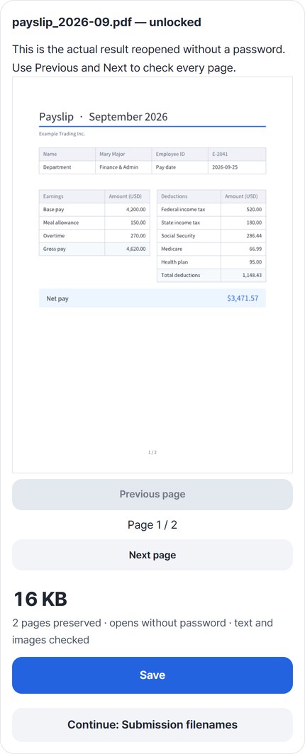Preview of the unlocked payslip with “2 pages preserved · opens without password · text and images checked” and a Save button