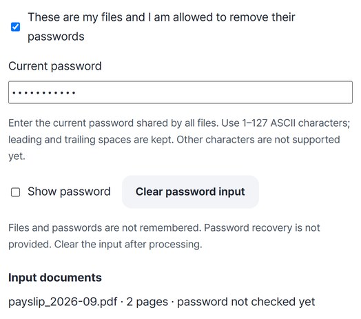 Ownership box ticked and the current password entered as dots, with the 2-page payslip listed