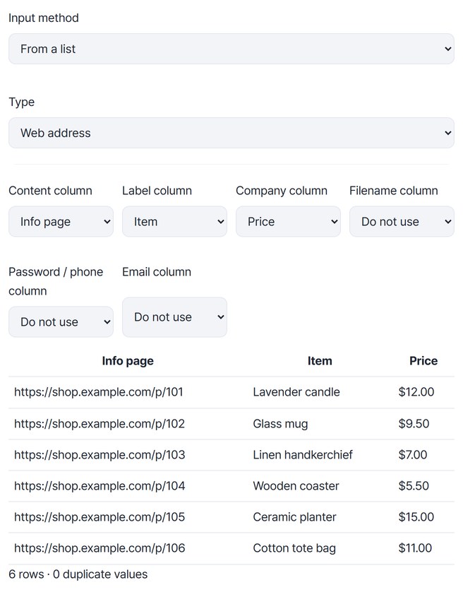 Input method From a list, Type Web address, Content column Info page, Label column Item, Company column Price, and the 6-row product table