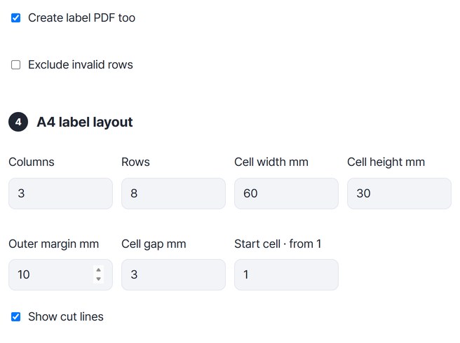 Create label PDF too and Show cut lines turned on, with A4 label layout set to 3 columns, 8 rows and 60×30mm cells