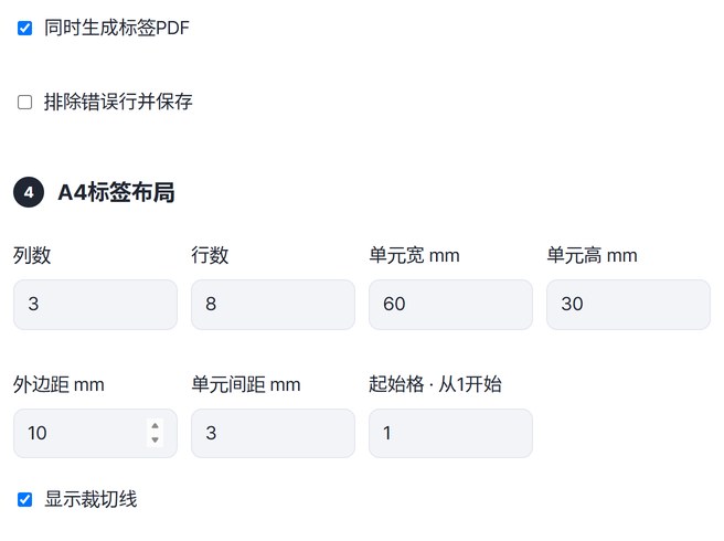 打开“同时生成标签PDF”和“显示裁切线”，A4标签布局设为3列、8行、单元60×30毫米的设置画面