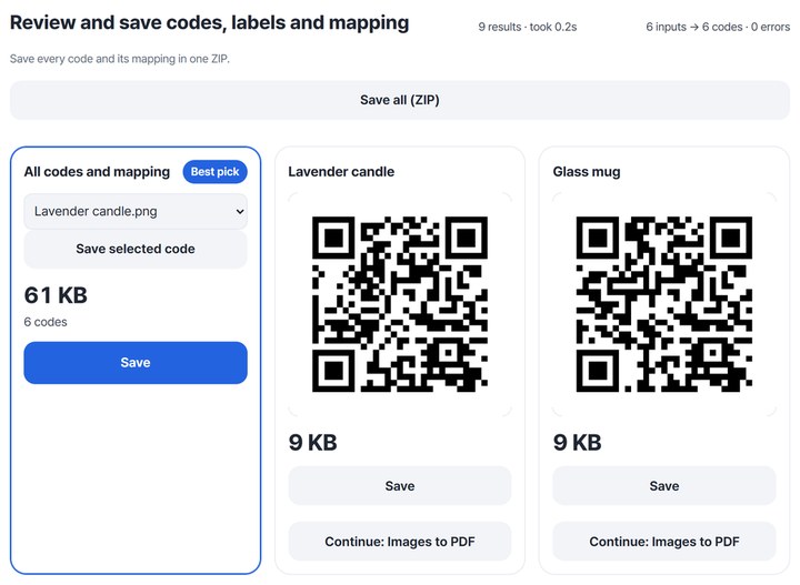 Results: 6 inputs → 6 codes · 0 errors, All codes and mapping card 61 KB · 6 codes, QR cards for Lavender candle and Glass mug