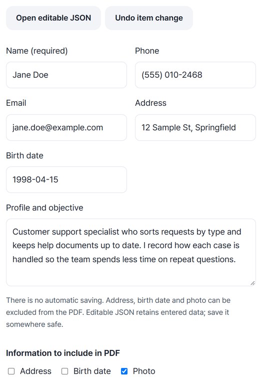 Form with name, phone, email, address and birth date filled in, and address and birth date turned off for the PDF