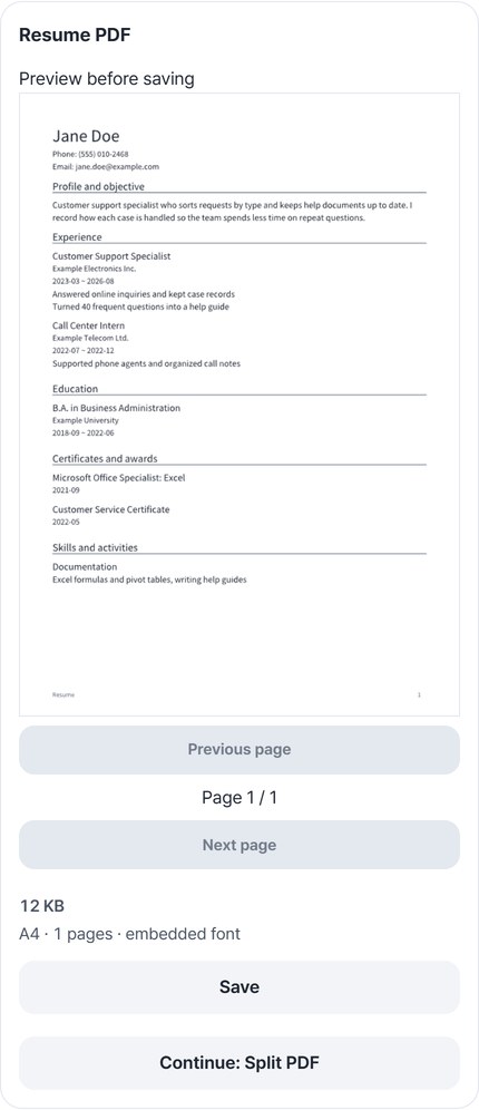 Resume PDF preview showing 1 A4 page, with Save and Continue buttons