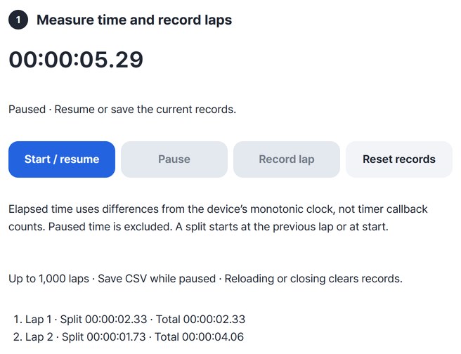 Total time with Start / resume, Pause, Record lap and Reset records buttons