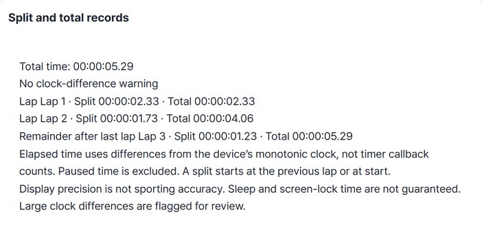 Record showing each split and a total of 00:00:05.29