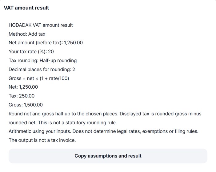 Preview showing net 1,250.00, tax 250.00 and gross 1,500.00