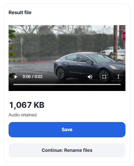 Result file 1,067 KB · Audio retained, Save button