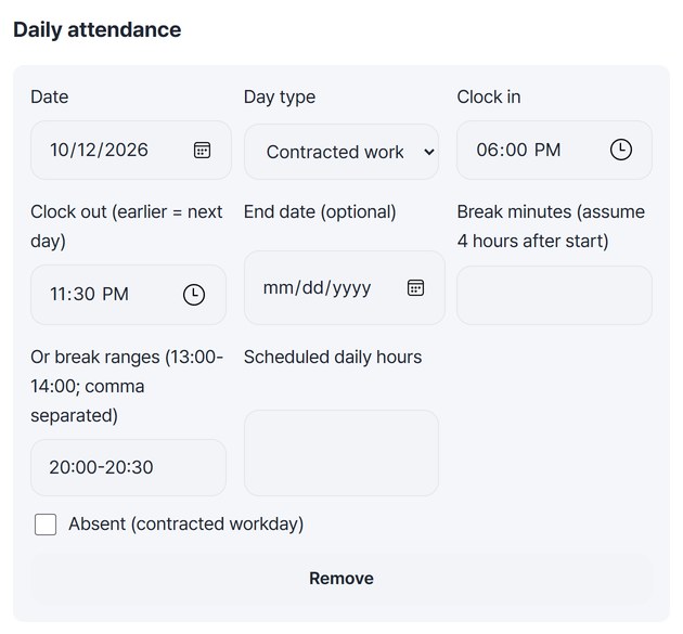 First attendance row: 2026-10-12, contracted workday, 18:00 to 23:30, break 20:00-20:30