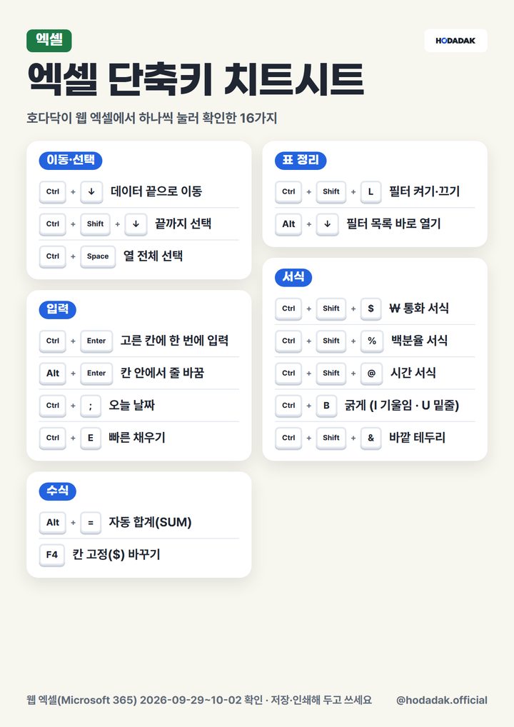 엑셀 단축키 치트시트 미리보기