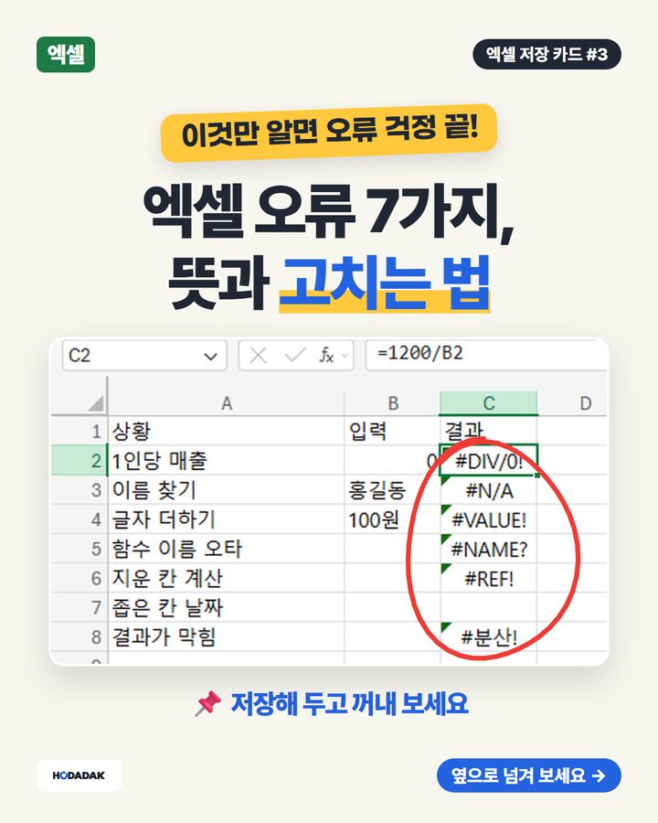 엑셀 오류 7가지 뜻과 고치는 법 — #N/A · #DIV/0!