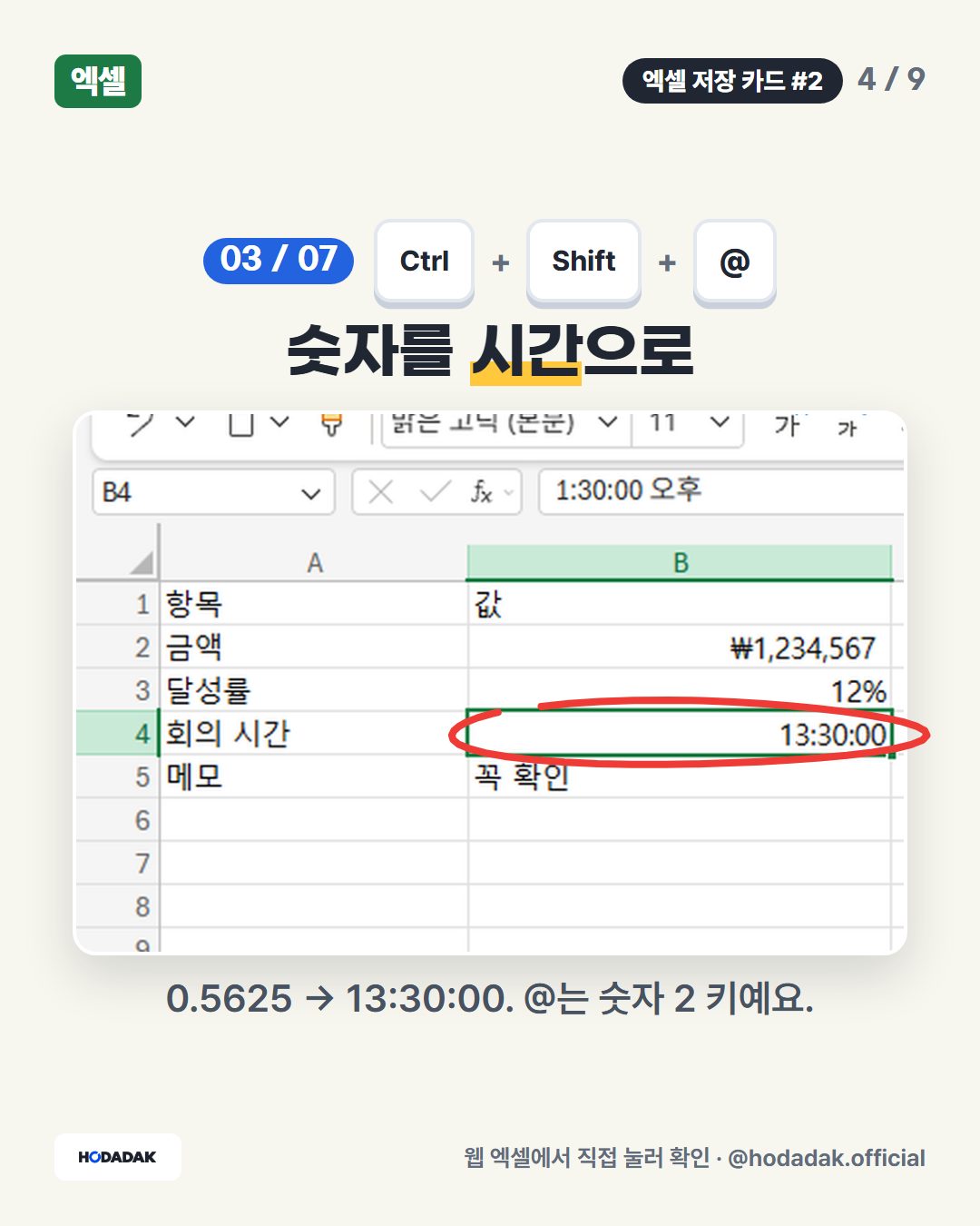 Ctrl + Shift + @ — 숫자를 시간으로: 0.5625 → 13:30:00. @는 숫자 2 키예요.