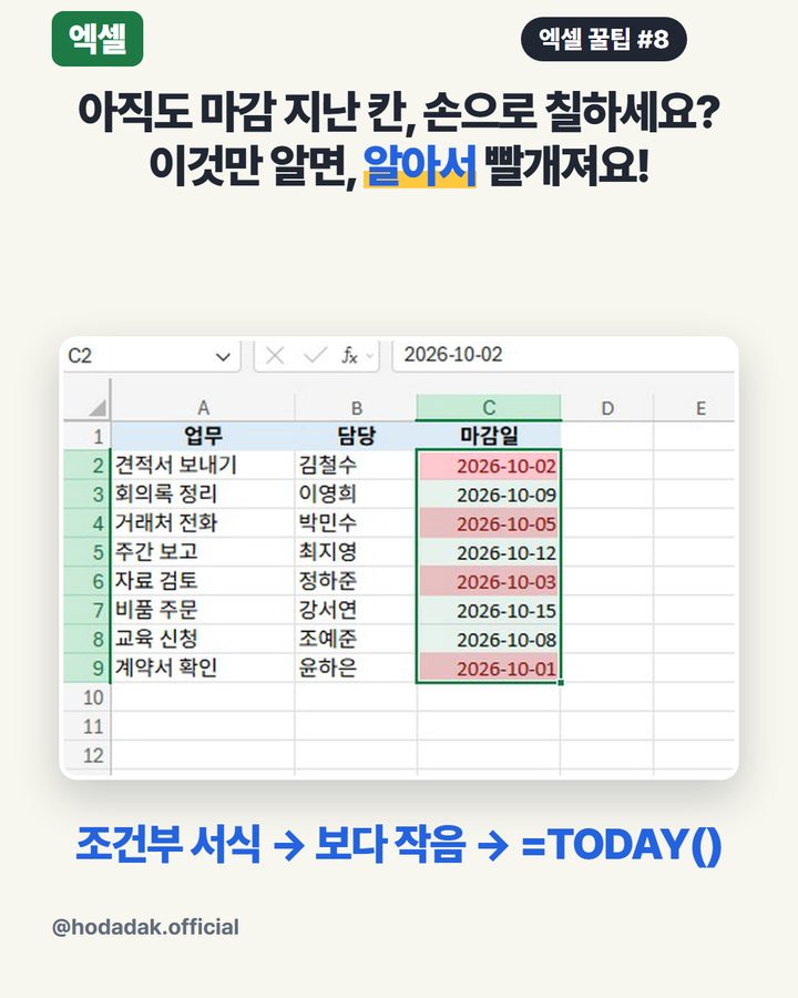 엑셀 마감 지난 날짜 빨갛게 — 조건부 서식