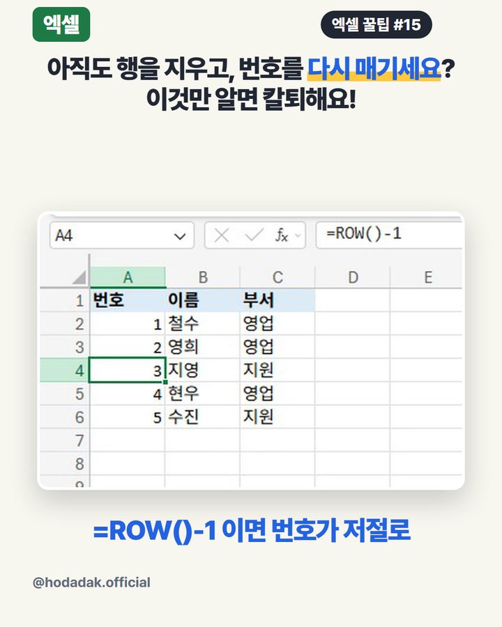 엑셀 행 지워도 번호 그대로 — =ROW()-1